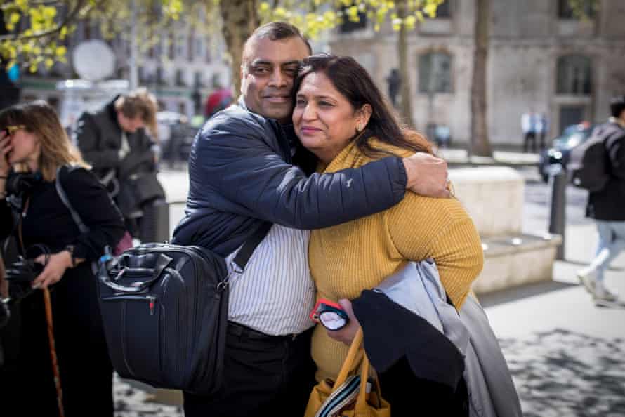 Seema Misra, a former post office operator, seen with her husband Davinder outside the Royal Courts of Justice, London. Seema has been cleared of theft from the post office after being convicted and jailed in 2010, her conviction was overturned today by the Court of Appeal along with 39 other former sub postmasters convictions for theft, fraud and false accounting.