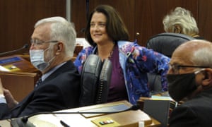 This is Reinbold in 2020 May, when she refused to wear a mask in the Alaska capital. FILE - In this May 18, 2020 file photo, Alaska state Sen. Lora Reinbold, center, is shown on the Senate floor in Juneau, Alaska. “It didn’t make sense to me,” Reinbold said. “I saw no research on cloth, silk, cotton face coverings ... that they prevent COVID.” In fact, there is research to show they can protect others from Covid, especially when people double-mask.